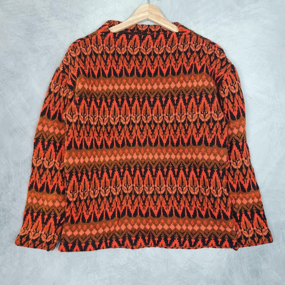 Iceland Sweater Womens Small Orange Fair Isle Wool Crew Neck Pullover Nordic